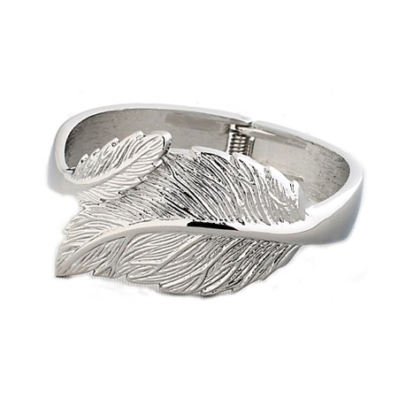 Wrap-around Silver Leaf Hinged Cuff Bracelet - Click Image to Close